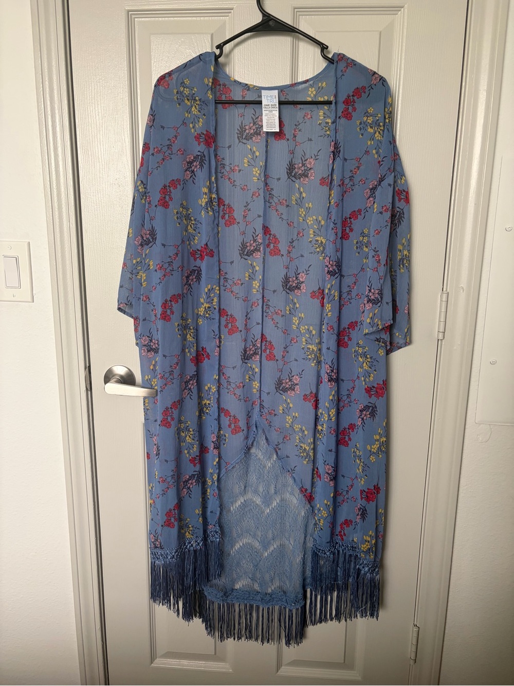 Time and Tru Blue Floral Kimono with Fringe